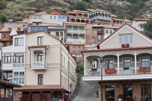 Traditional carved wooden balconies in the Old Town of Tbilisi, Georgia