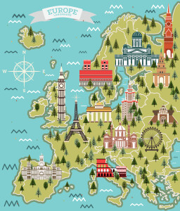 Europe Map with Famous Landmarks.