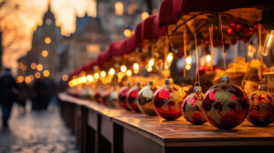 Christmas market outdoor stands, Winter season holiday celebration